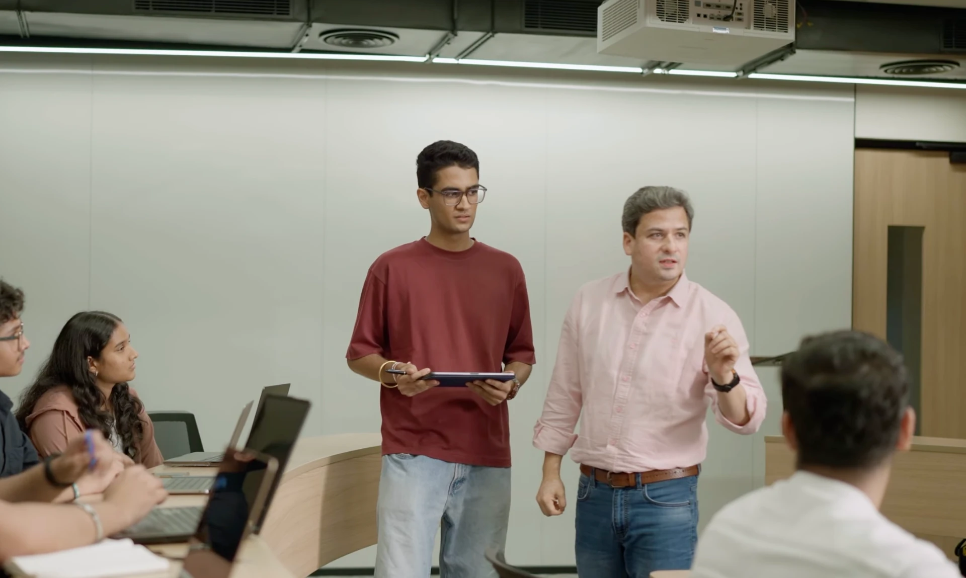 A Zomato founder speaking with students in a Masters' Union classroom